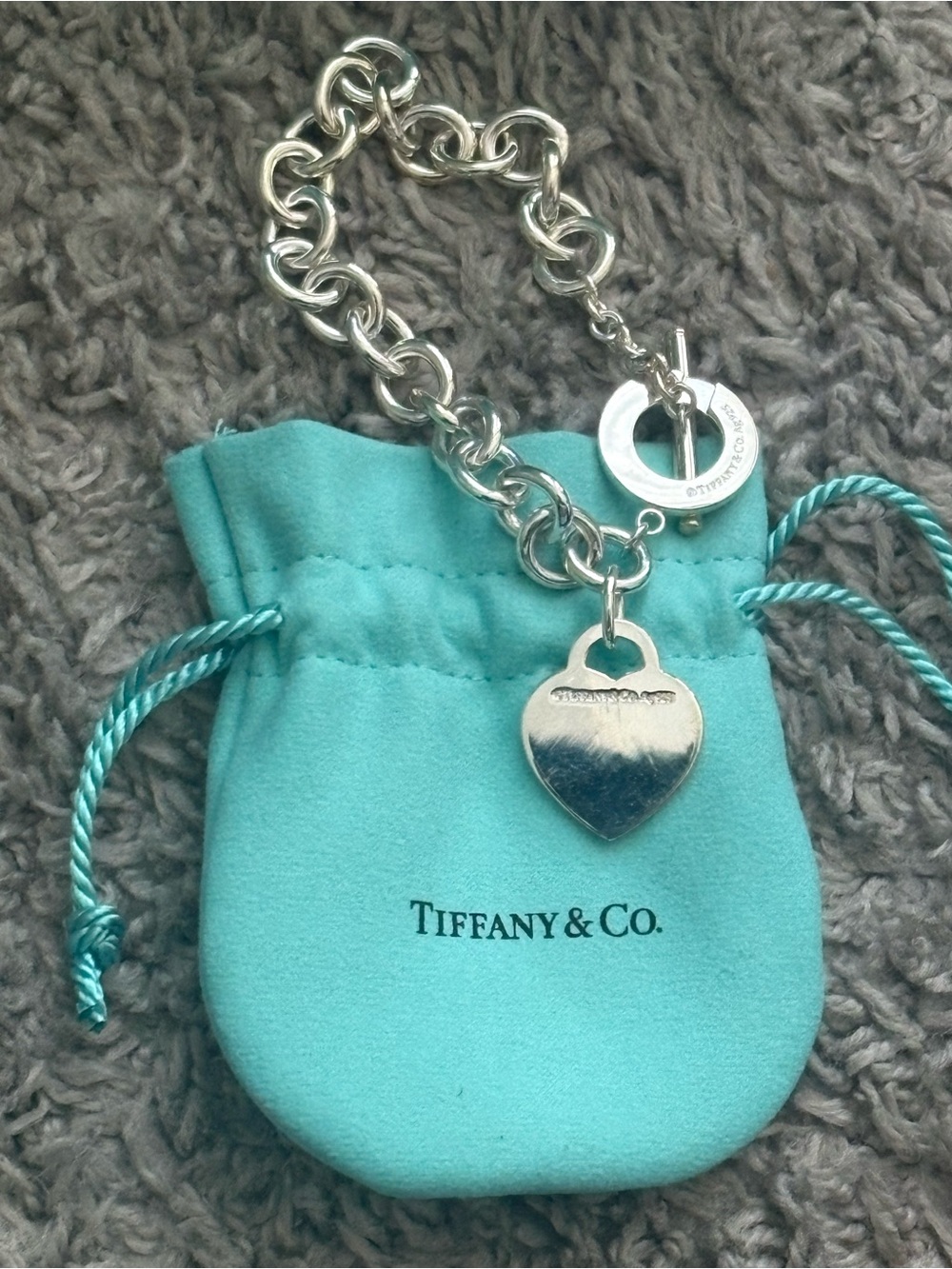 Tiffany & Co. Sterling Silver Heart Tag Bracelet with Blue Pouch